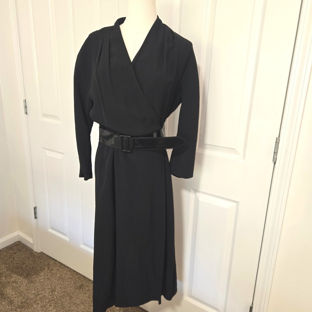 Lafayette 148 New York Midi Dress Womens 8 Black Belted Wrap V-Neck Long Sleeve